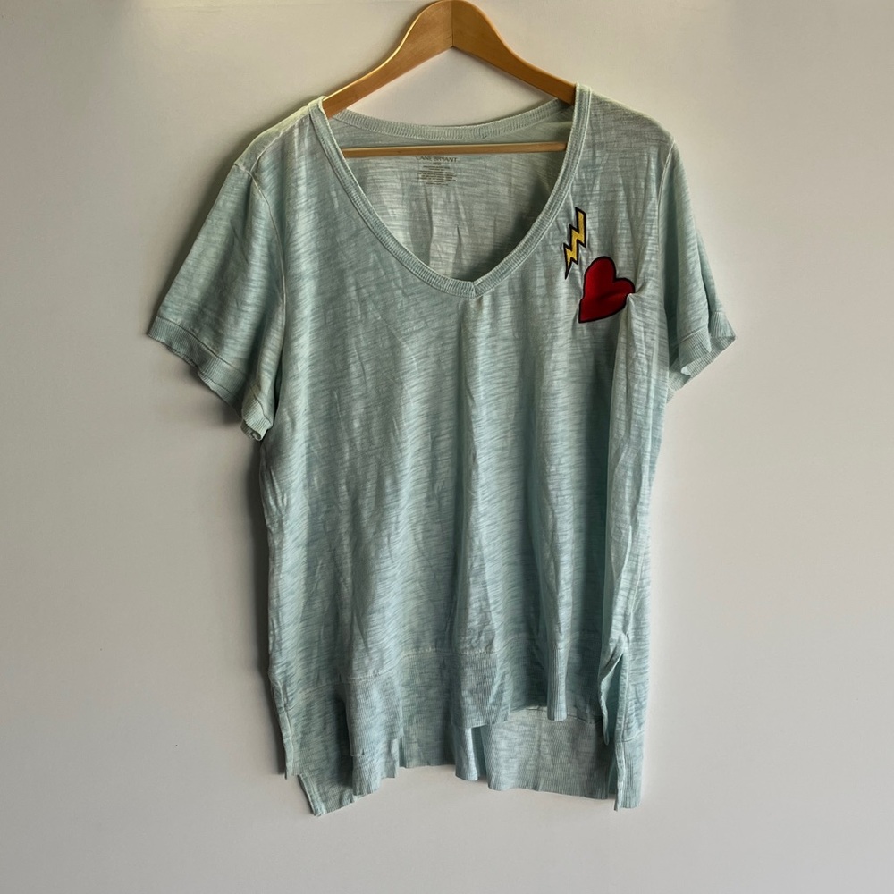 Lane Bryant Light Blue V-Neck Top with Heart and Lightning Patch
